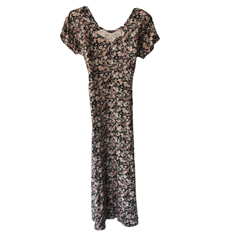 Vtg All That Jazz Dress Size 6 Black Floral CottageCore Midi Fairy Grunge USA